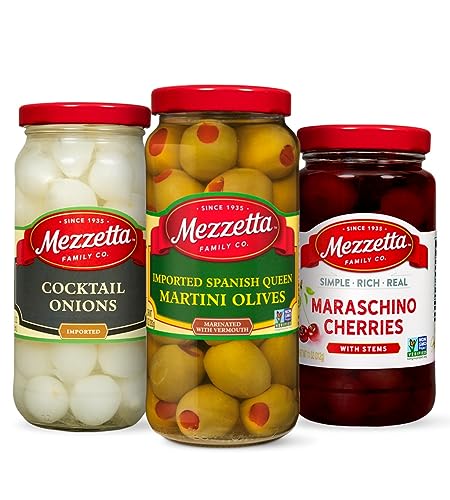 Mezzetta Cocktail Pack (3 Pack) | Martini Olives 10 Ounce, Cocktail Onions 16 Ounce & Maraschino Cherries 11 Ounce Jars