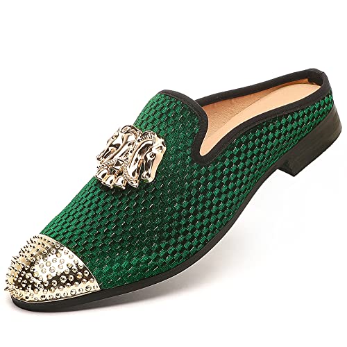 Men's Velvet Slip-on Mule Loafers with Fashion Buckle and Spiked, Stylish Formal Wear Backless Dress Slippers, Casual Anti-Slip Sandals Slides for Men