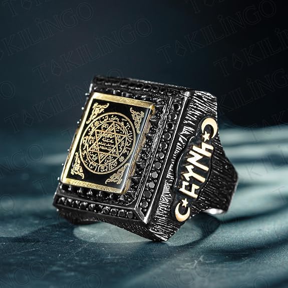Anillo de sello de los siete arcángeles para hombre, sello de Salomón, cábala, plata de ley 925, circonita cúbica negra, triángulo, estrella de David, anillo de amuleto de protección para