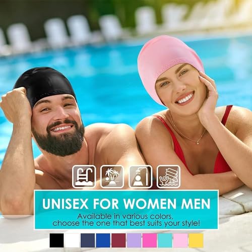 Image of TEKCOOL Designed Long Hair Swim Cap,Waterproof Silicone Swimming Cap for Adult Woman and Men,Keeps Hair Clean with Ear Protector Fresh Long Lasting Silicone Made Waterproof Swimming Cap(Black).