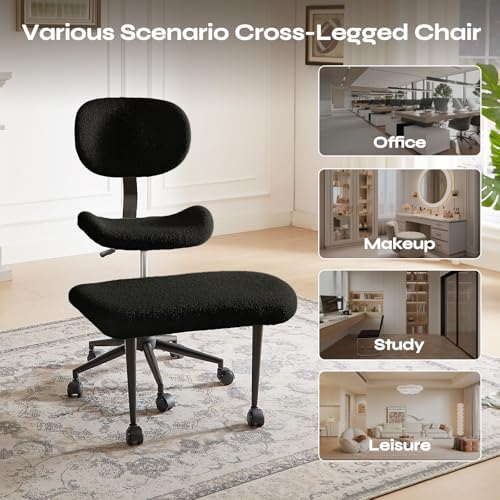 Image of Pinmoco Ergonomic Cross Legged Chair for ADHD, Meditation Chair with 360 Swivel Wheels, Kneeling Office Chair with Back Support, Strong Lumbar Support, Teddy Fabric, Black