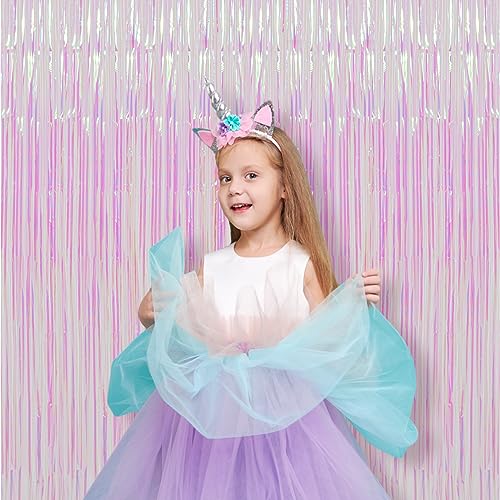 Image of Voircoloria 2 Pack Iridescent Transparent Foil Fringe Backdrop Curtains, Tinsel Streamers Birthday Party Decorations, Fringe Backdrop for Graduation, Baby Shower, Gender Reveal, Disco Party