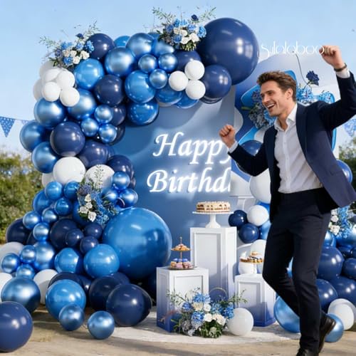 Image of Blue Balloons Arch Kit 155Pcs Navy Light Blue White 18 10 5 Inch | Metallic Blue White Different Sizes Latex Balloon Garland for Birthday Anniversary Fathers Day Party Decorations