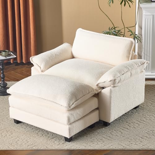 VINGLI Oversized Sofa Chair and a Half with Deep Seat & Movable 2-Layer Ottoman Set, Comfy Cloud Sofa Bed with Chaise, 1-Seater Modular Sectional Sleeper Couch for Living Room, Teddy-Fleece, Beige
