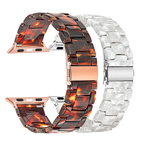 TRUMiRR Compatible with Apple Watch Band 38mm 40mm 41mm Women, 2 Pack Fashion Resin Watchband Metal Stainless Steel Buckle Strap Bracelet for iWatch Apple Watch SE Series 7 6 5 4 3 2 1 All Models (Tortoise+Pearl)