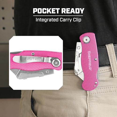 Image of Sheffield Lock Back Utility Knife 3 Pack with 10 Utility Knife Blades | Box Cutter with Aluminum Texture Grip Handle, Features Pocket Clip, Patented Quick Change Utility Blade Mechanism