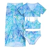 Idgreatim Girls 4 Piece Swimsuit High Waisted Bathing Suit Tropical Print Wrap Bikini Set with Skirt Size 13 14