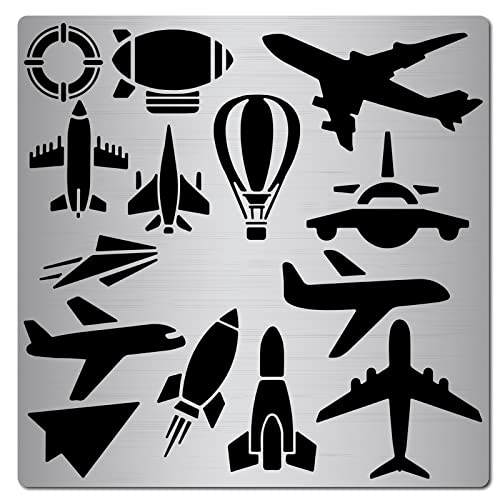 GORGECRAFT 6.3 Inch Metal Air Transport Stencil Cartoon Airplane Template Stainless Steel Floral Painting Reusable Templates Journal Tool for Painting Wood Burning
