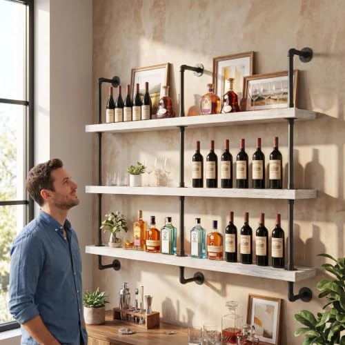 Image of HOUSESET 36 /48 /60 /72 /84in Wine Wall Rack with Led Lights, 3-Tiers Modern Pipe Liquor Bottle Display Shelf, Bar Shelves Wall Mounted for Commercial Bar, Restaurant, Home