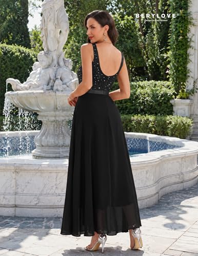 Image of BeryLove Sequin Dress for Woman Vintage A Line Wedding Formal Swing Mesh Dress Sleeveless Cocktail Maxi Gowns