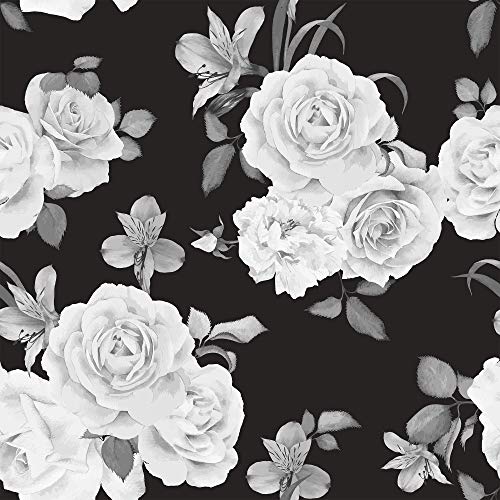 Walls By Me Peel and Stick Black and White Floral Removable Wallpaper 9335-2ft x 10.5ft (61x320cm)