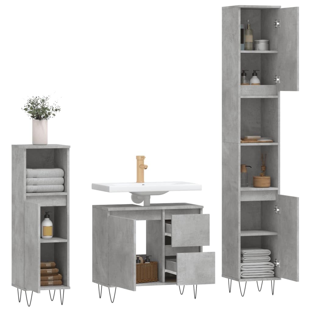 Möbelsets 3 teilig Badmöbel Set Beton Grau Holzwerkstoff Badmöbel Sets