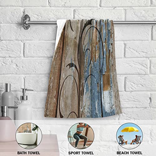 Rustic Daisy Board Towels Set Of 2, Vintage Flower Print On Blue Grey Brown Plank Hand Fingertip Towel Retro Stripe Face Towel Country Barn Wooden Washcloth For Farmhouse Guest Bathroom Decor #TOP4