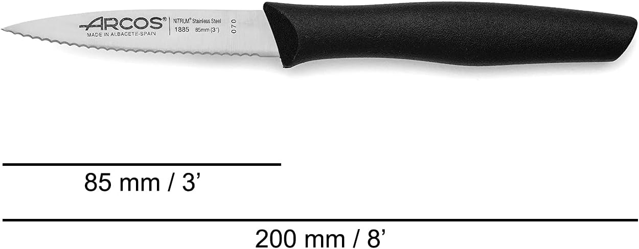 Arcos Serrated Paring Knife for Fruits and Vegetables, Stainless Steel Blade 85 mm, Black Polypropylene Handle, Nova Series