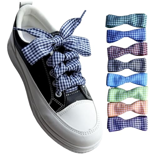 Goodlace 1 Inch Wide Fantastic Flat Checkered Shoelaces Fabric Ribbon Plaid Shoe Laces for Sneaker Sport Shoes 47/55 Inch (No.23 Dark Blue 47In/120cm)