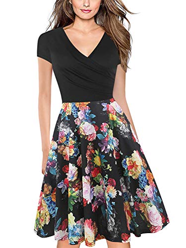 oxiuly Women's V-Neck Cap Sleeve Floral Casual Work Stretch Swing Dress OX233 (XL, Black Rose)