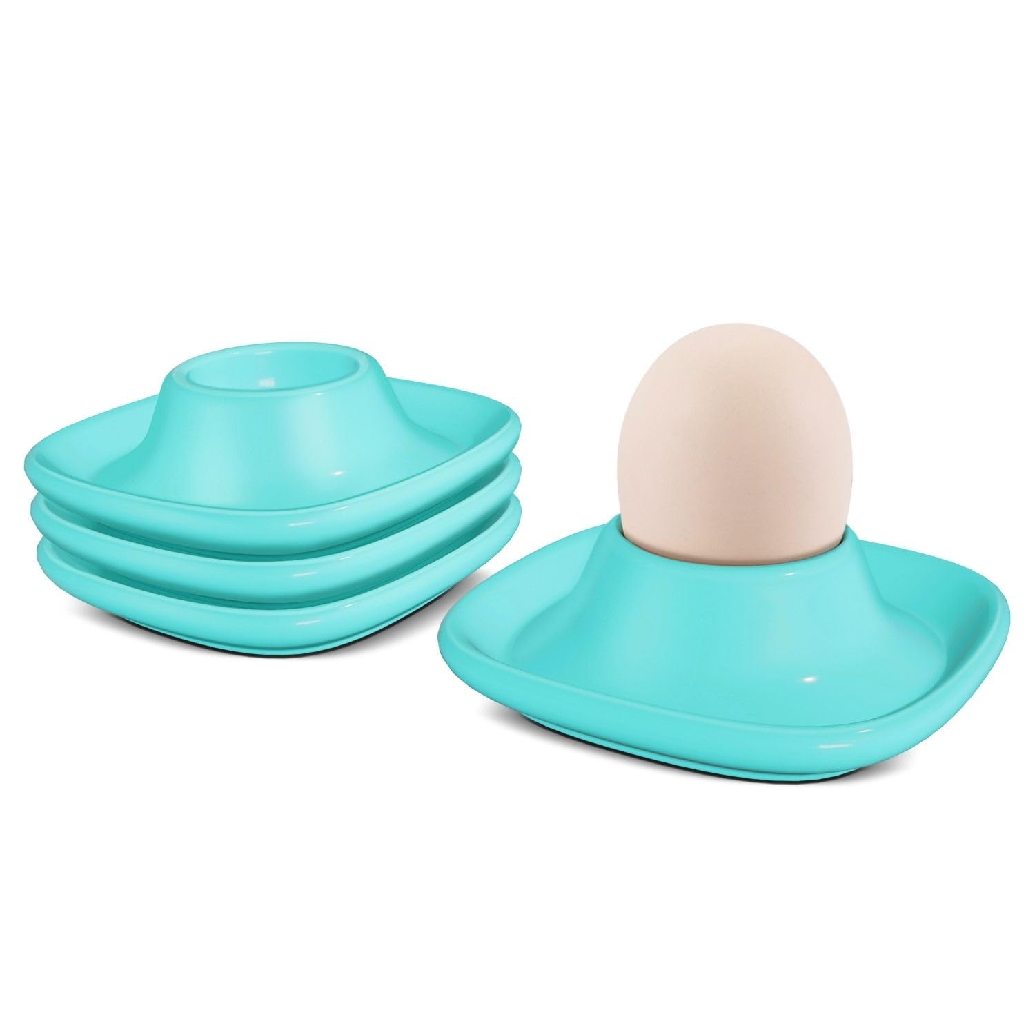 Flexzion Soft Boiled Egg Holder Set, 4-Piece Blue Ceramic Egg Cup, Stackable Egg Coddler Cups with Base for Serving Breakfast