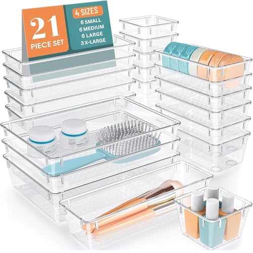 Image of 21 Pcs Clear Plastic Drawer Organizers Set - 4-Size Versatile Storage Trays for Bathroom, Vanity, Makeup, Kitchen Gadgets & Office Organization, Stationery Organizers Box