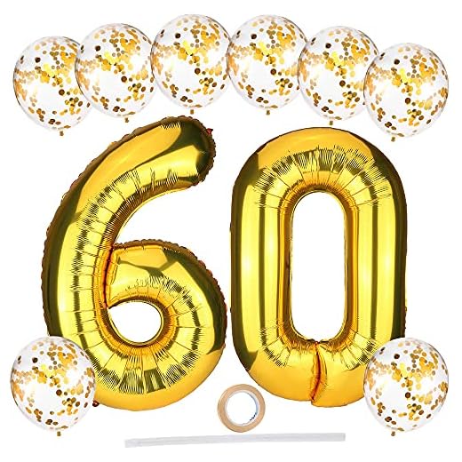 Globos de 60 cumpleaños, grandes globos de helio número 60 de 100 cm con globos de confeti de látex dorado de 30 cm, con cinta/paja, juego de globos de papel para hombres y mujeres y 60 cumpleaños