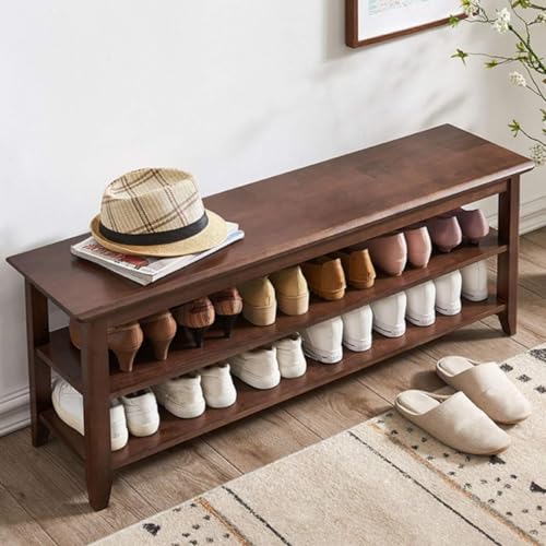 Image of Solid Wood Shoe Rack Bench | 3 Tier Shoe Storage Organizer for Entryway, Hallway & Living Room | Multipurpose Wooden Shoe Stand | Space Saving Footwear Rack for Home | Walnut Finish (120 CM)