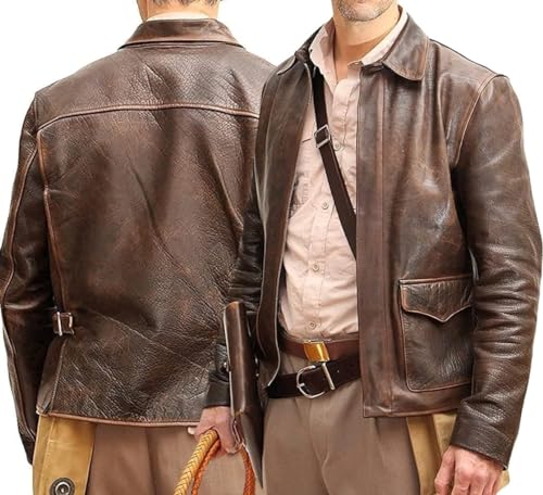 Image of Men's Classic Action Cowboy Distressed Brown Indiana Harrison Vintage Lambskin Bomber Leather Jacket