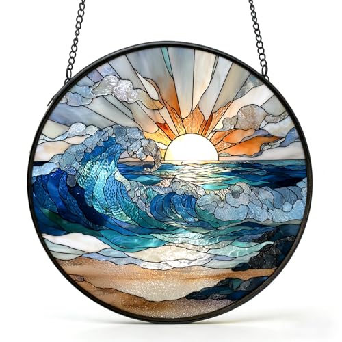 NEWENMO Stained Glass Window Hanging Ocean Wave, Sun Catcher Ocean Sunset, Stained Glass Ornament kit for Home, Garden, Door, Window Decor, Gifts for mom, Women, Grandma, Wife, Family 7.8 in