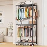 AQRA Appendiabiti da Terra, Appendiabiti in Metallo con 2 Barre appendiabiti, 3 Ripiani e 2 ganci, Dimensioni: 90 × 40 × 200 Centimetri, Nero