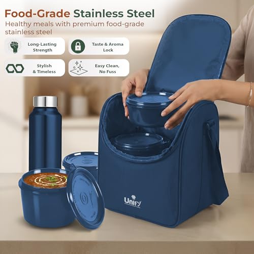 Image of Unify MealMate Lunch Box with 3 Microwave Safe Inner Steel Containers (500ml, 350ml, 200ml), 130ml Plastic Chutney Dabba, Water Bottle 750ml & Spoon | Office Tiffin with Insulated Bag, Blue
