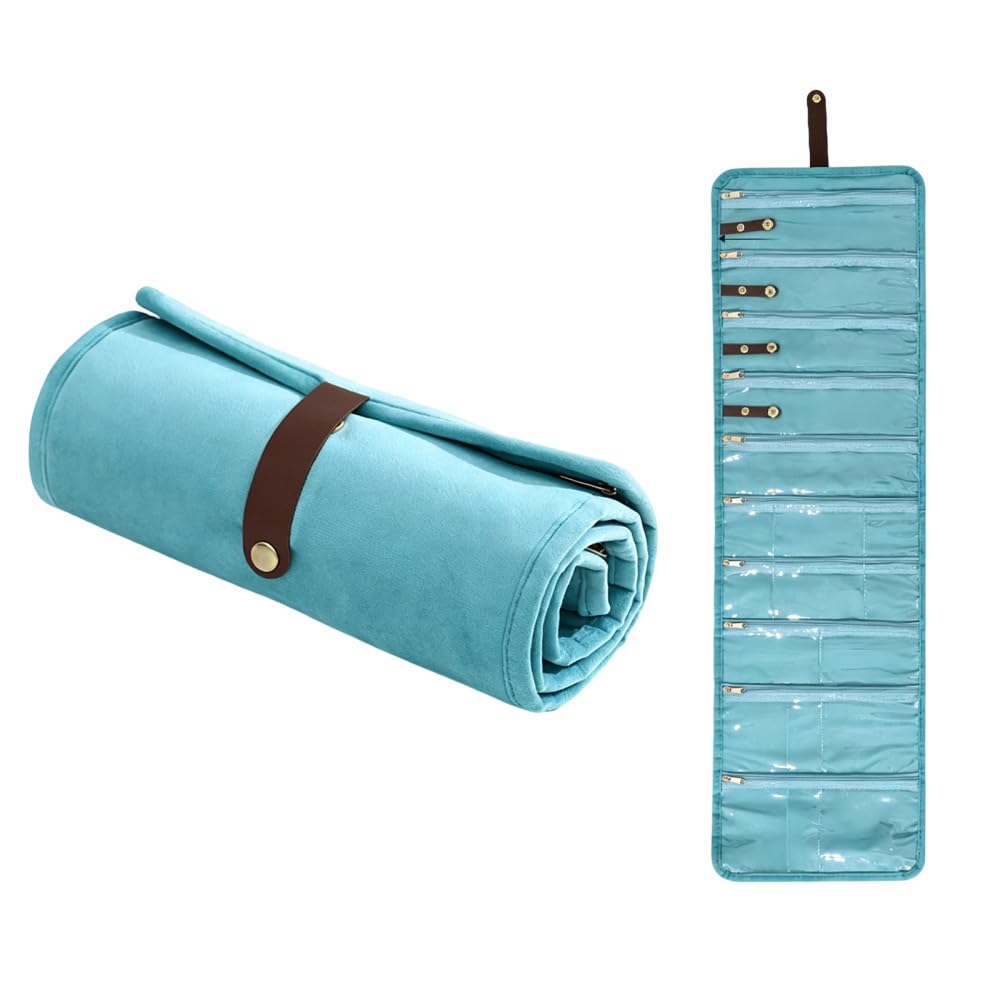 CARPJZ Jewellery Organiser Travel Roll Bag, Anti Tarnish Jewellery Storage Pouch, Multi Compartment Zipped Case for Necklaces Rings Earrings