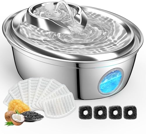 GoldenSun Katzenbrunnen, Rostfreie Stähle Automatischer Wasserbrunnen für Katzen, 2L Katzen Trinkbrunnen – 12 Aktivkohlefilter, Geeignet für alle...