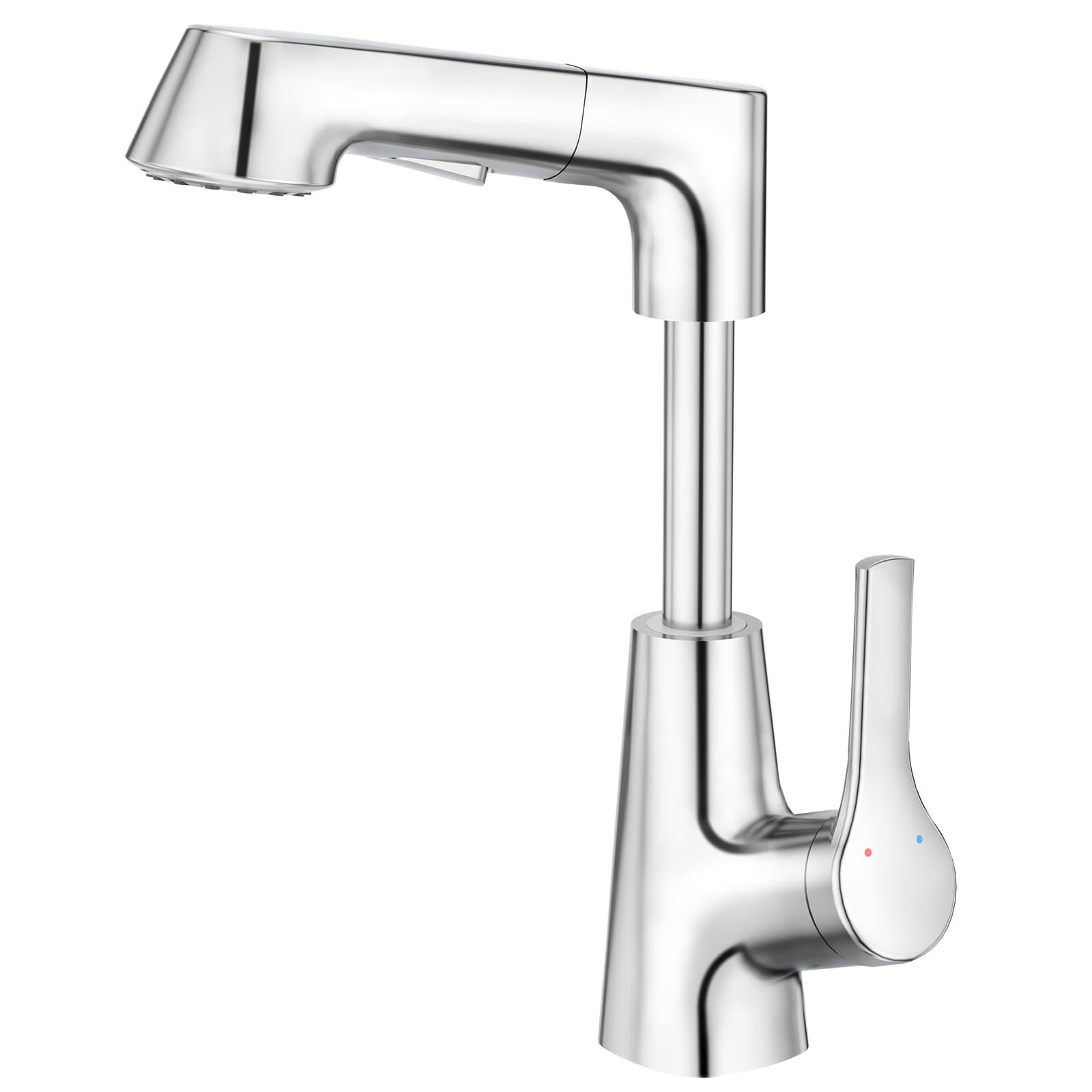 Grifo para lavabo de baño ajustable arriba y abajo con cabezal de ducha extraíble de 2 funciones, giratorio 360°, grifo para lavabo, baño, cromado brillante