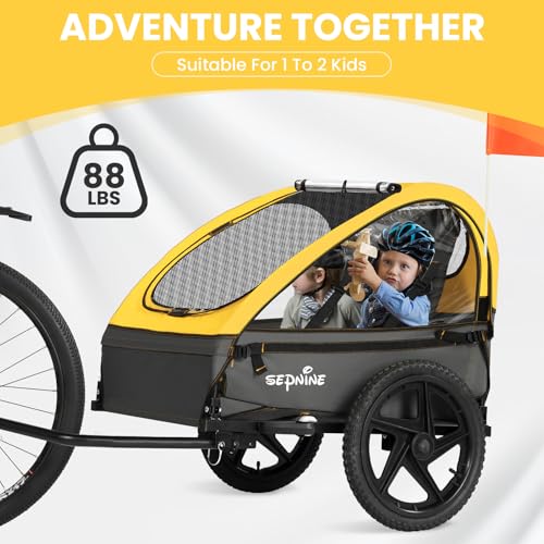 Image of Sepnine Kids Bike Trailer, Suitable for 1 to 2 Kids, 12+ Months, Quick Attach to Bike, Foldable, with 5-Point Harness and Storage Bags
