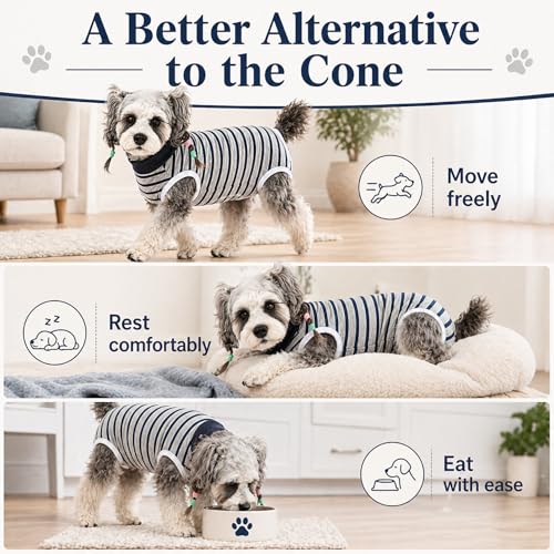 Image of Dog Surgery Recovery Suits, Sleeveless Dog Recovery Suit Female, E-Collar & Cone Alternative Surgical Suit for Small and Medium Dogs After Surgery, Striped Dog Onesie Pajamas
