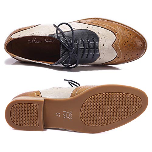 Image of Mona flying Womens Leather Wingtip Oxfords Brogue Shoes Lace-up Flats