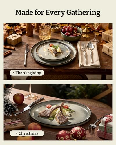 Image of Famiware Milkyway Stoneware Dinnerware Set, 12-Piece, Double Reactive Glaze, Plates and Bowls, Service for 4, Microwave and Dishwasher Safe, Scratch-Resistant, Greenish Brown