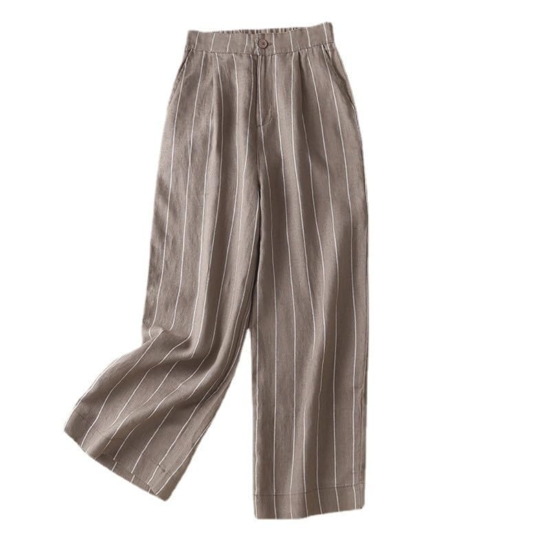 Womens Stripes Pants Elastic Waist Cotton Linen Straight Pants Casual Loose Fit Going Out Trouser Pants for Ladies