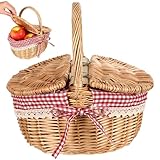 Veemoon Cesta Tejida de Mimbre Natural con Tapa, Tamaño Pequeño 26x18x15 Cm, Cesta de Picnic al Aire Libre para Frutas y Snacks, Soporte Multiusos para Almacenamiento en Hogar y Exteriores