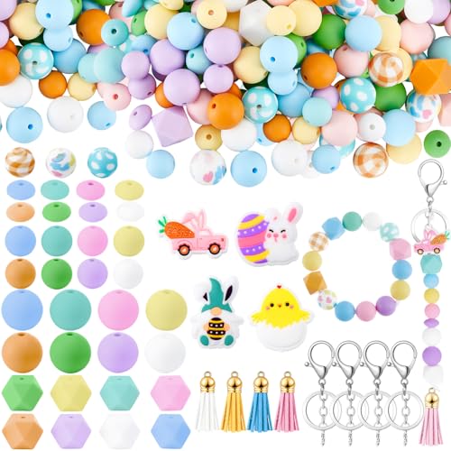 Lunmon 150 Pcs Easter Silicone Focal Beads Set 12/14/15mm Colorful Bunny Shape Beads for Keychain Making Round Hexagon Charms Kit with Chick Rabbit for DIY Crafts Bracelet Jewelry Making