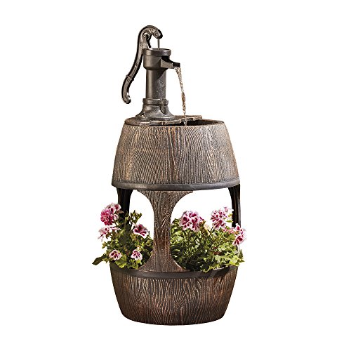 Durable Traditional Pump Barrel Water Feature with Flower Planter for Indoor & Outdoor Use H88cm