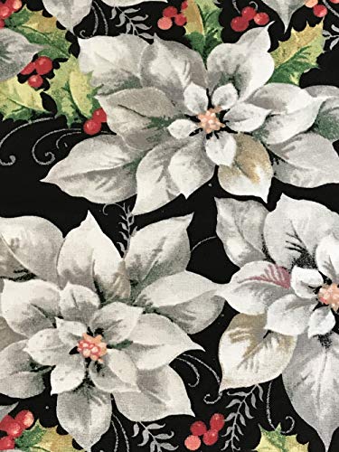 Cotton Fabric by the Yard - White Poinsettias Glitter