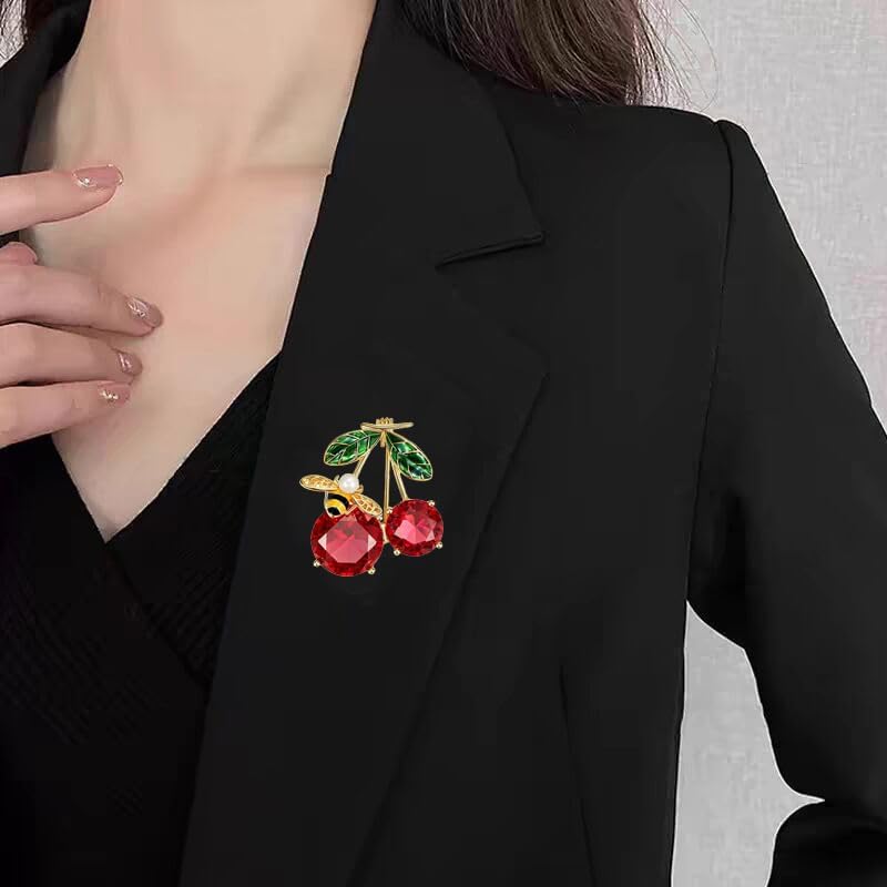 coadipress Rhinestone Cute Cherry Fruit Brooch Pin for Women Gold Plated Red Enamel Cherry Brooches Lapel Pins Dainty Dress Accessories Jewelry Gift - Image 2