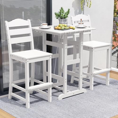 Image of Tangkula Patio HDPE Barstool, Outdoor High Top Bar Chair w /Backrest & Footrest, All-Weather Wood-Plastic Bar Height Chair for Poolside, Backyard, Porch (2, White)