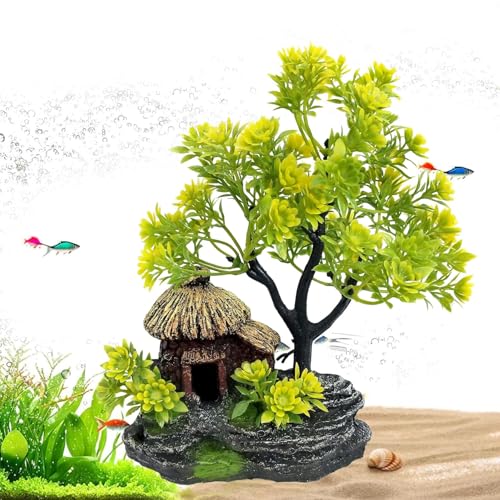 Image of JAINSONS PET PRODUCTS 7 Inch Aquarium Decor Artificial Tree with Hut, Durable Plastic Fish Tank Ornament for Freshwater and Saltwater Aquarium Decoration