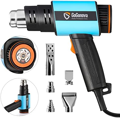 1800W Heat Gun, GoGonova Heavy Duty Soldering Hot Air Gun, Stepless Adjustment 122℉ to 1202℉ with Application Icon, Dual Airflow, Compact Design with 5 Nozzles for Shrink Tubing, Wrap, Crafts, Resin