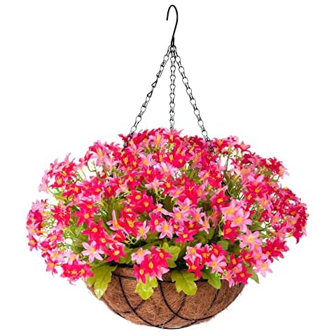 INXUGAO Artificial Hanging Flower with Basket for Home Courtyard Decoration, Artificial Silk Hyacinth Fake Plant Arrangement in 12 inch Coconut Lining Hanging Basket for Outdoors Decor(Hot Pink) Cover