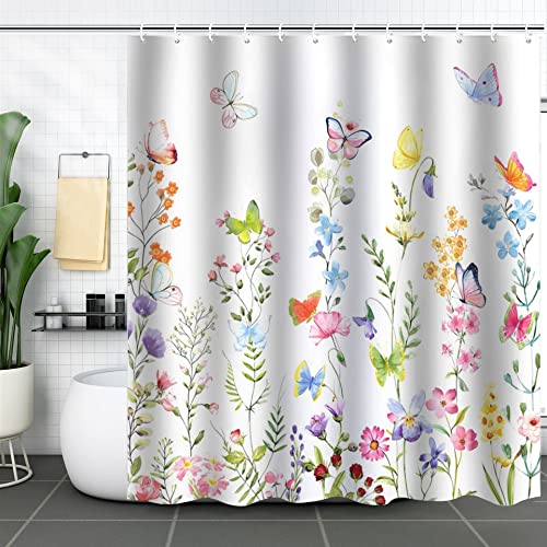 Floral Shower Curtain Set With 12 Hooks For Bathroom Watercolor Flowers Pattern And Butterflies 72 𝘅 72 Shower Curtains Boho(Multicolor) #TOP1