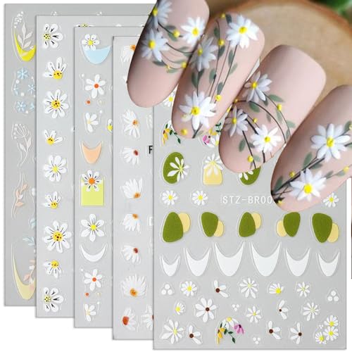 5pcs 3D White Daisy Nail Stickers - Floral Nail Decals, French Tip Nail Stickers for Nail Art Supplies, Flower Stickers for Nails Design, Daisy Decor Sticker Nails for Women