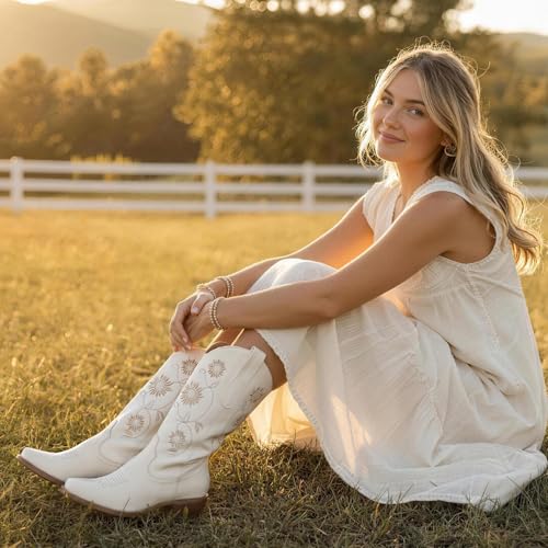 Image of Cowboy Boots for Women - Mid Calf Western Sunflower Cowgirl Boots with Floral Embroidery, Square Toe Stitched Pull On Retro Design, Perfect for Country Idyll, Concerts and More