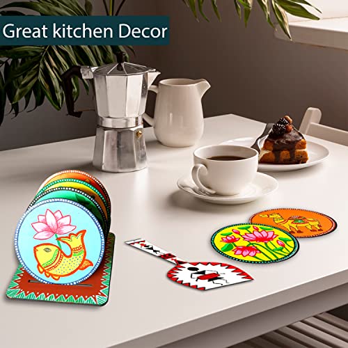 Image of Madhubani Art Kit,Pre Marked Tea Coaster with Spatula for Painting,Birthday Gifts for Girls 9-12, Art kit for Adults,Coaster with Spatula Kit - 07