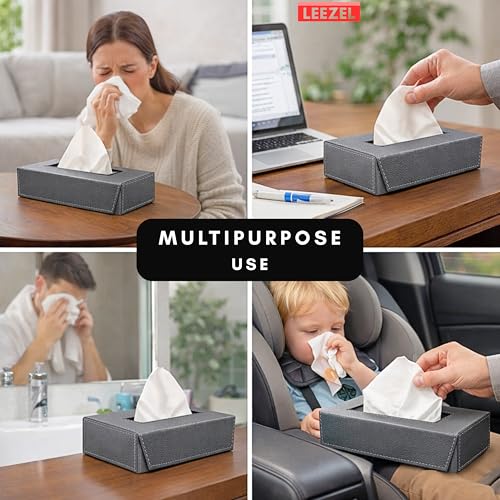 Image of LEEZEL| Tissue Box Holder with 100 Pulls Cotton Rags Tissue | Handcrafted Fine Leather - Like Finish | for Gifting, Office Desks, Cars & Home Decor | Durable & Water Resistant. (Light Grey)